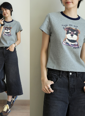 25151俏皮感女士撞色短袖 灰色卡通小狗T恤衫 正肩修身上衣 夏款
