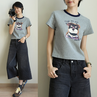 25151俏皮感女士撞色短袖 灰色卡通小狗T恤衫 正肩修身上衣 夏款