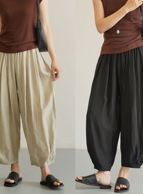 85042 褶皱感 女士轻薄空调裤 纯色收口灯笼裤 气球九分裤夏款女