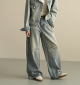 春夏款 34062 复古棉质阔腿裤 拖地裤 女士高腰直筒水洗做旧牛仔裤