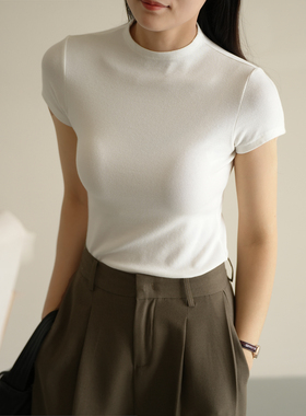 24074 慕斯绒 法式温柔T 女士小高领短袖 正肩修身弹力T恤 春秋款