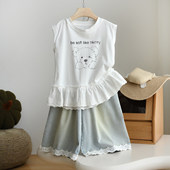 小熊印花背心 女童圆领全棉宽肩蕾丝边 薄款 特 T恤打底 中大童