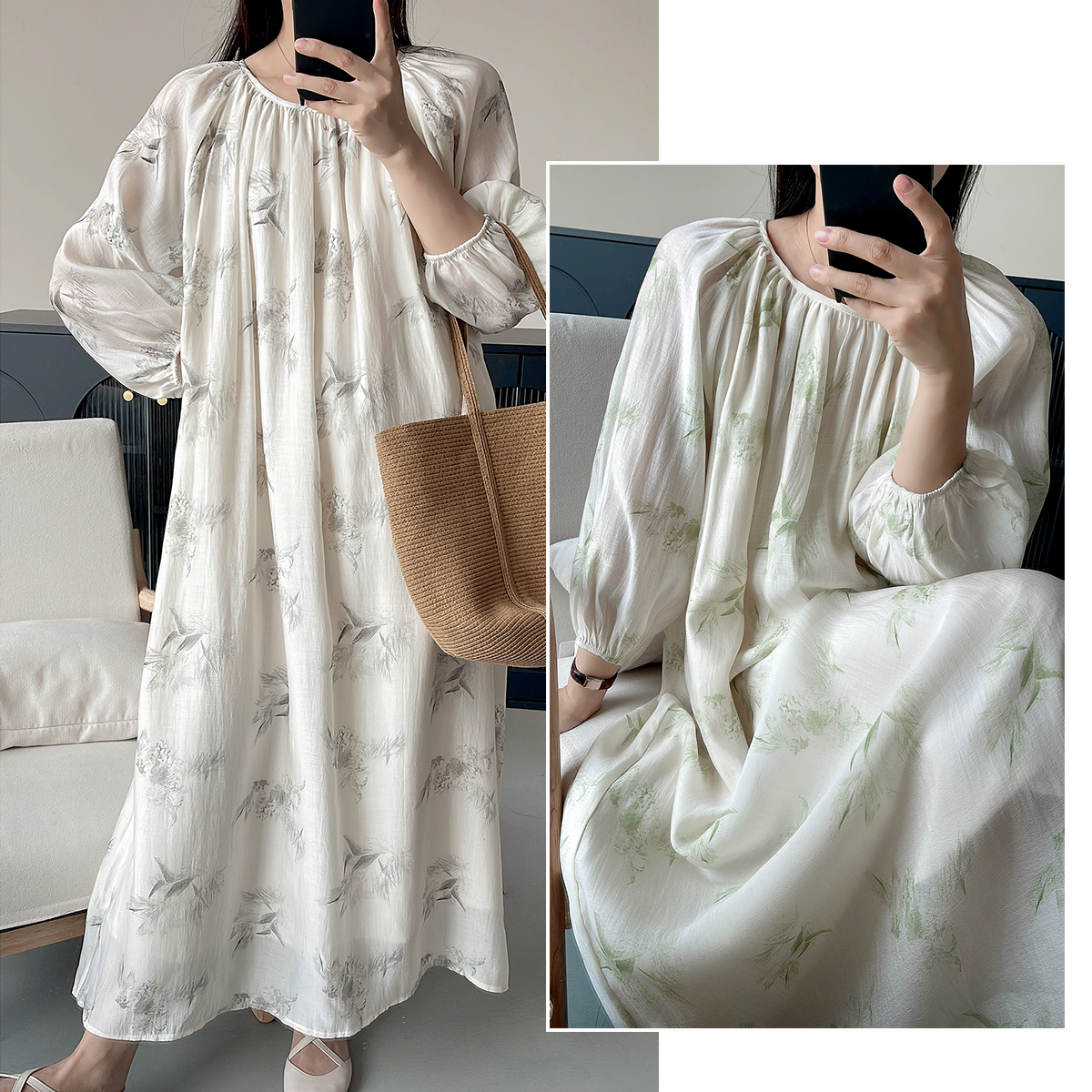 86391 特 女士莱赛尔连衣裙 国风印花七分袖裙子 长款 夏款女装