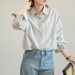 60支全棉色织衬衫 女士复古蓝条纹衬衣长袖 日常通勤 春秋款 女装