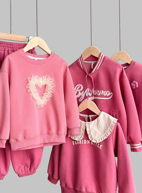 85366 玫色系圆领长袖卫衣 女童宽松棒球服外套 卫裤 中大童童装