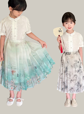 特 单件拍 儿童新中式刺绣衬衫 女童国风印染马面裙 夏款 86803