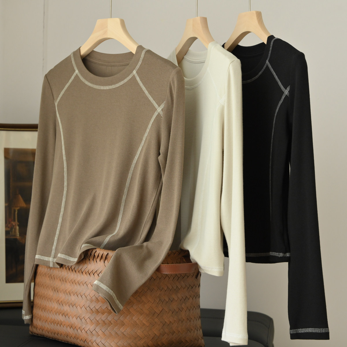 87280 明线分割 女士圆领打底衫 短款修身长袖T恤正肩套头衫 春秋,女装/女士精品,T恤,淘宝优惠券,粉丝福利购,淘宝优惠卷