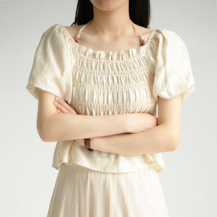 清库 莱赛尔法式一字肩挂脖小衫女士泡泡袖衬衫短袖上衣 夏