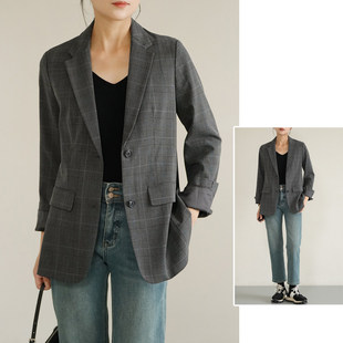 特 女士格子西装 通勤OL风 平驳领格纹外套 春秋款 女装