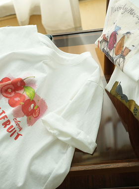 87098 薄款雪花棉 女士圆领印花T恤 显瘦百搭棉上衣 透气正肩T夏