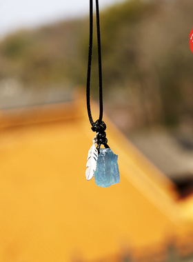 佛言佛语自制海蓝宝随形吊坠银羽毛手工五行招财护身平安定制情侣