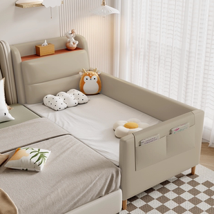 实木儿童拼接床实木加宽软包床带护栏男女宝宝婴儿床大床储物床