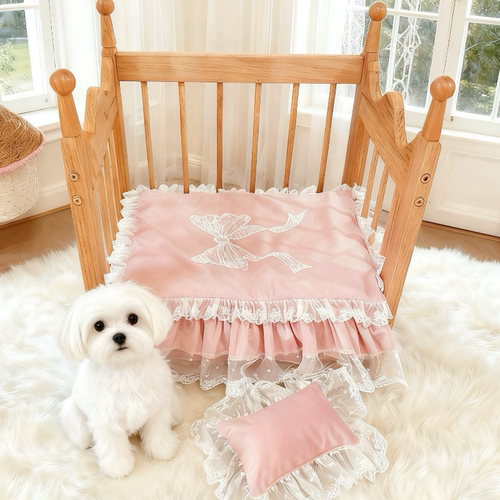 Totopets手工定制法式丝绒蕾丝边宠物小床猫咪狗狗实木床品三件套