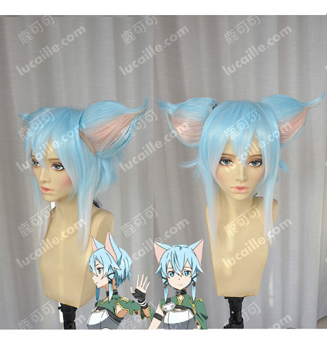 大猫耳刀剑神域圣母咏叹朝田诗乃月白蓝渐变cosplay假发