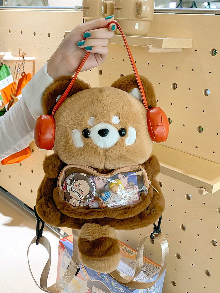 可爱耳机小浣熊lolita毛绒双肩包卡通小熊猫玩偶公仔背包休闲包包