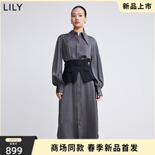 【商场同款】LILY2022春新款女装气质尖领复古腰封衬衫式连衣裙女