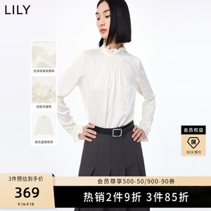 LILY2023秋新款女装光泽感复古优雅花边领垂坠感长袖白衬衫雪纺衫