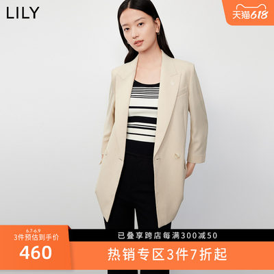 LILY2023秋新款女装复古双排扣休闲商务通勤垫肩九分袖西装外套女