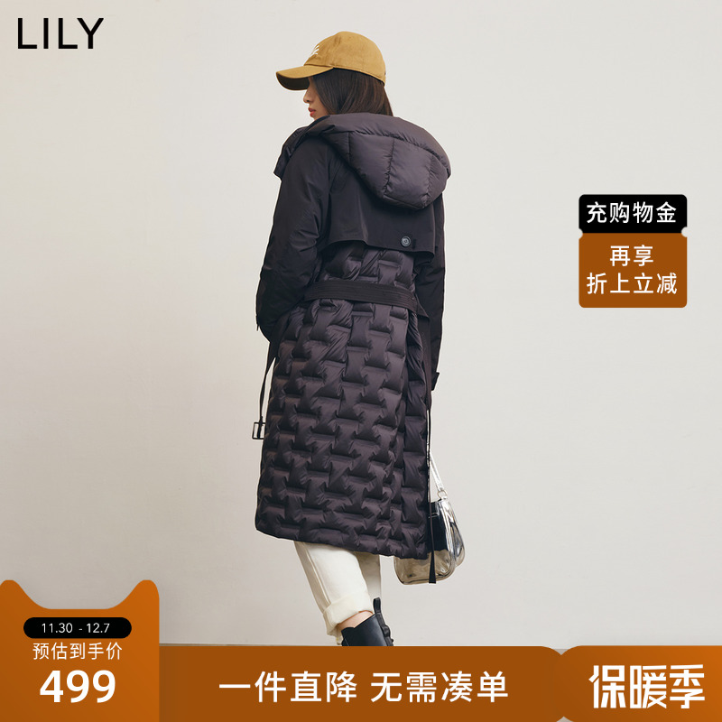 LILY2022冬新款女装时尚通勤款复古双排扣宽松长款羽绒服大衣外套