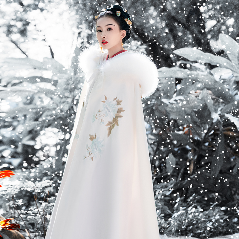 Nalanci cloak Hanfu womens wool collar long coat womens Plush thickened Chinese cloak ancient costume super immortal winter costume
