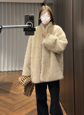 环保皮草中长款 带内衬 柔米白 浅卡其双色毛绒外套毛毛冬AFM定制