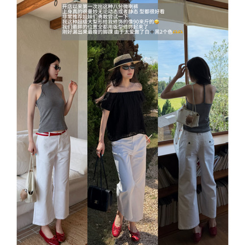 挺括透气微阔八分裤女夏白色裤子