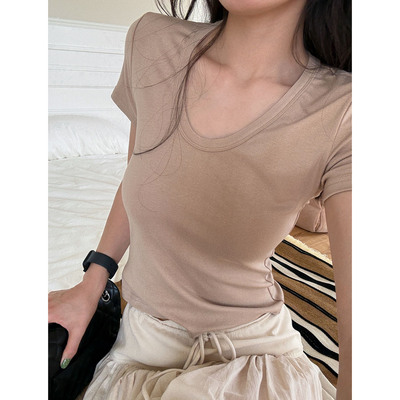手工剪边圆角领小T高弹小蛮腰