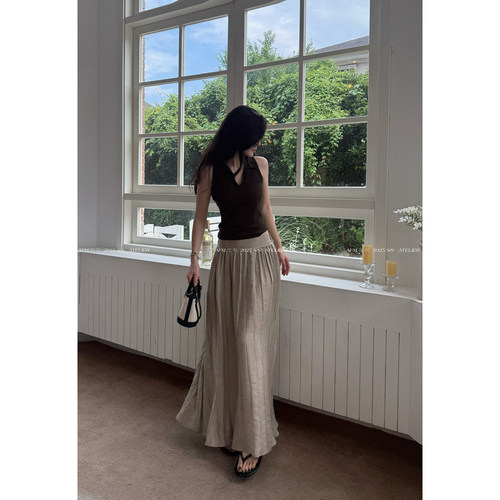 清冷系扎染枯木亚麻皱皱半裙