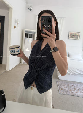 3色格子纽结收腰挂脖上衣简约时尚休闲短裤套装女无袖修身上衣