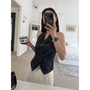 3色格子纽结收腰挂脖上衣简约时尚休闲短裤套装女无袖修身上衣