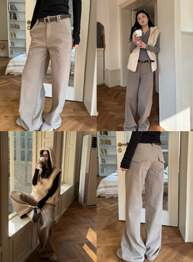 养眼色系 薄绒灰卡其牛仔裤直筒长裤冬加厚休闲裤女士冬AFM定制