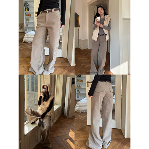 养眼色系薄绒灰卡其牛仔裤