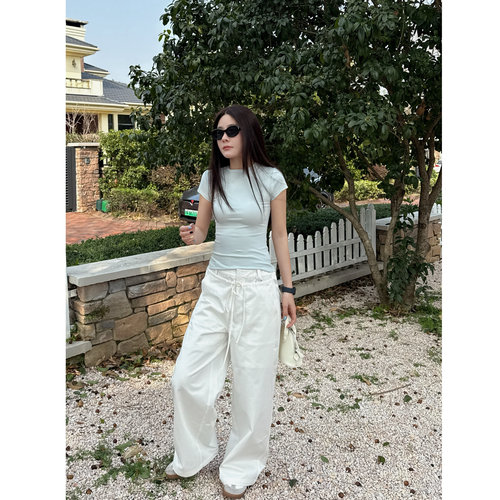 假门襟绑带休闲裤时尚白色阔腿裤