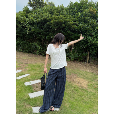 雅痞松弛慵懒藏青格纹阔腿休闲裤