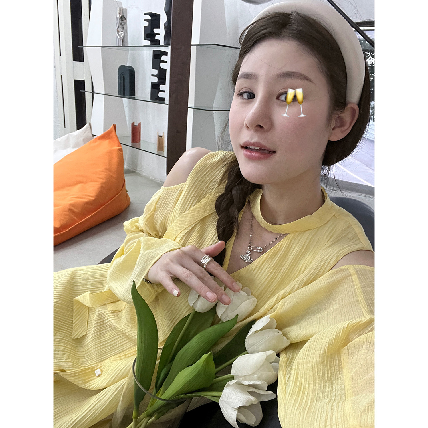 夏日恋歌奶酪黄飘带连衣裙女宽松褶皱 v领露肩娃娃裙