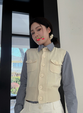 修身短版格子衬衫女春夏休闲复古收腰外穿长袖衬衣内搭上衣收腰