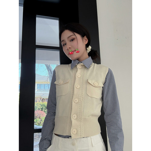 修身短版格子衬衫单排扣收腰