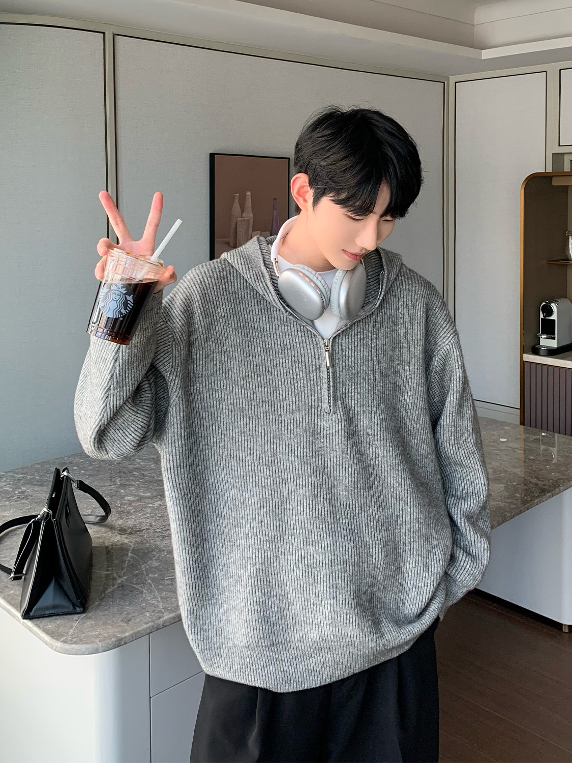 CUIBUJU KOREAN VERSION HOODED ZIPPER DESIGN KNITTED CARDIGAN MENS LOOSE CASUAL VERSATILE SOLID COLOR SWEATER JACKET TIDE