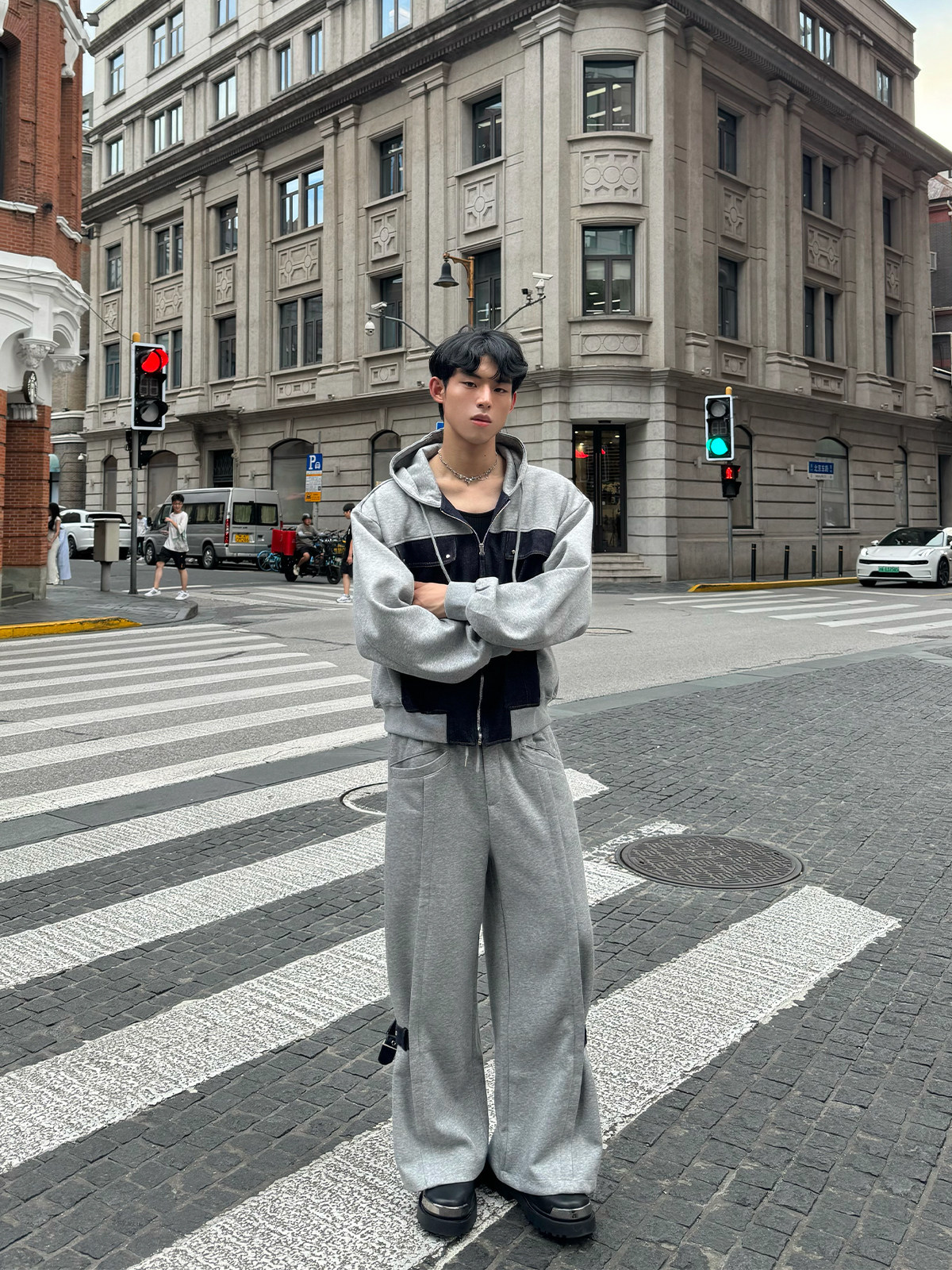 CUIBUJU TRENDY STREET CONTRAST DENIM PATCHWORK HOODED JACKET JACKET HANDSOME FRIED STREET SLACKS SUIT MEN