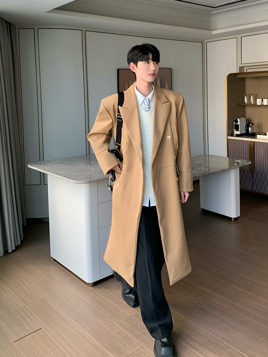 CUIBUJU NICHE DECONSTRUCTED DESIGN PADDED SHOULDER WOOLEN COAT MENS AUTUMN AND WINTER KOREAN LONG OVER-THE-KNEE TRENCH COAT