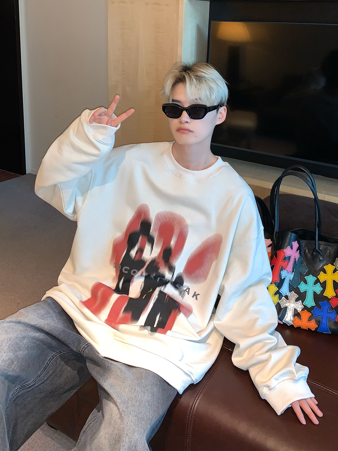 CUIBUJU 남성용 및 여성용 아메리칸 레트로 대비 컬러 프린트 스웨트 셔츠 루즈한 오버사이즈 라운드 넥 긴팔 탑 트렌드