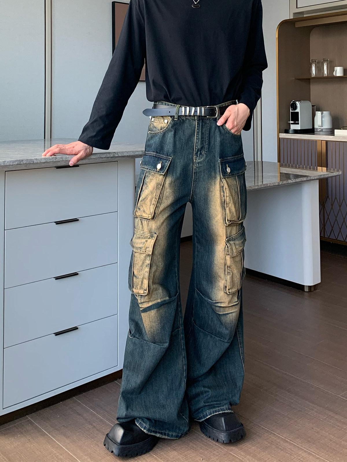 CUIBUJU HEAVY INDUSTRY MULTI-POCKET WASTELAND CARGO JEANS MENS STRAIGHT LEG VERSATILE LOOSE DESIGN SENSE WIDE-LEG TROUSERS