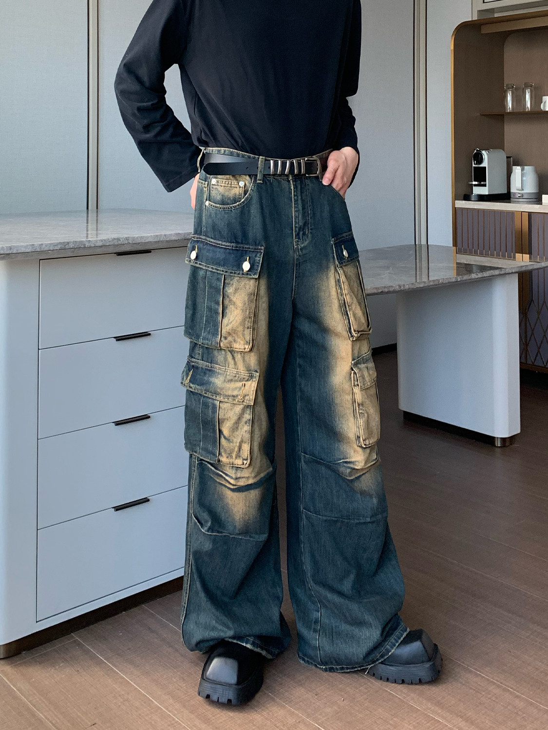 CUIBUJU HEAVY INDUSTRY MULTI-POCKET WASTELAND CARGO JEANS MENS STRAIGHT LEG VERSATILE LOOSE DESIGN SENSE WIDE-LEG TROUSERS