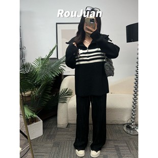 肉卷家微胖大码 上衣 女装 拉链撞色条纹宽松遮肉显瘦胖mm休闲针织衫