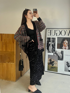 肉卷家微胖大码女装新中式气质胖mm图腾针织条纹开衫宽松上衣外套