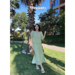 肉卷家微胖大码女装提花气质温婉新中式泡泡袖上衣半裙两件套装