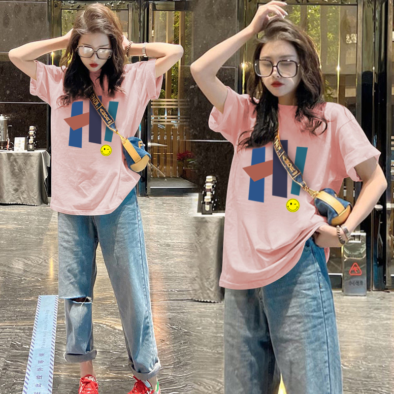 品牌折扣纯棉休闲印花宽松短袖女