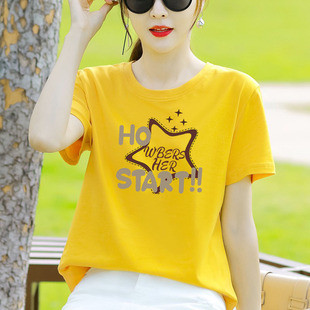 体恤上衣衫 山东即墨100%纯棉正肩短袖 印花薄款 韩系时尚 t恤女夏季