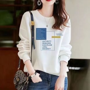 体恤加绒加厚上衣 设计感印花百搭套头长袖 纯棉圆领卫衣女薄款 韩版