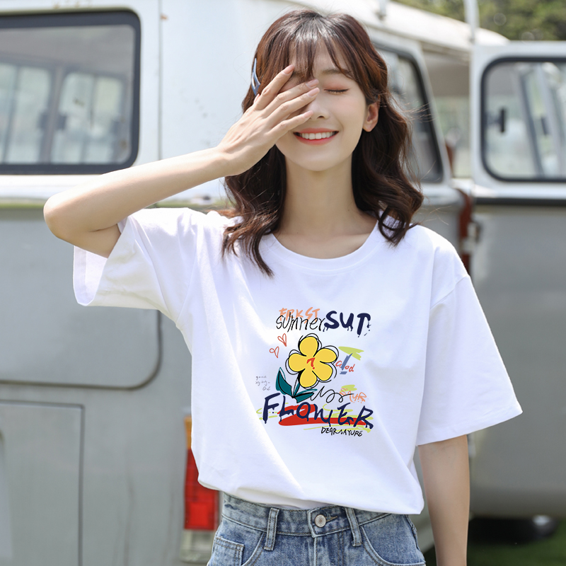 夏季新款白色纯棉短袖t恤女宽松圆领甜美设计感半袖衫时尚女装潮
